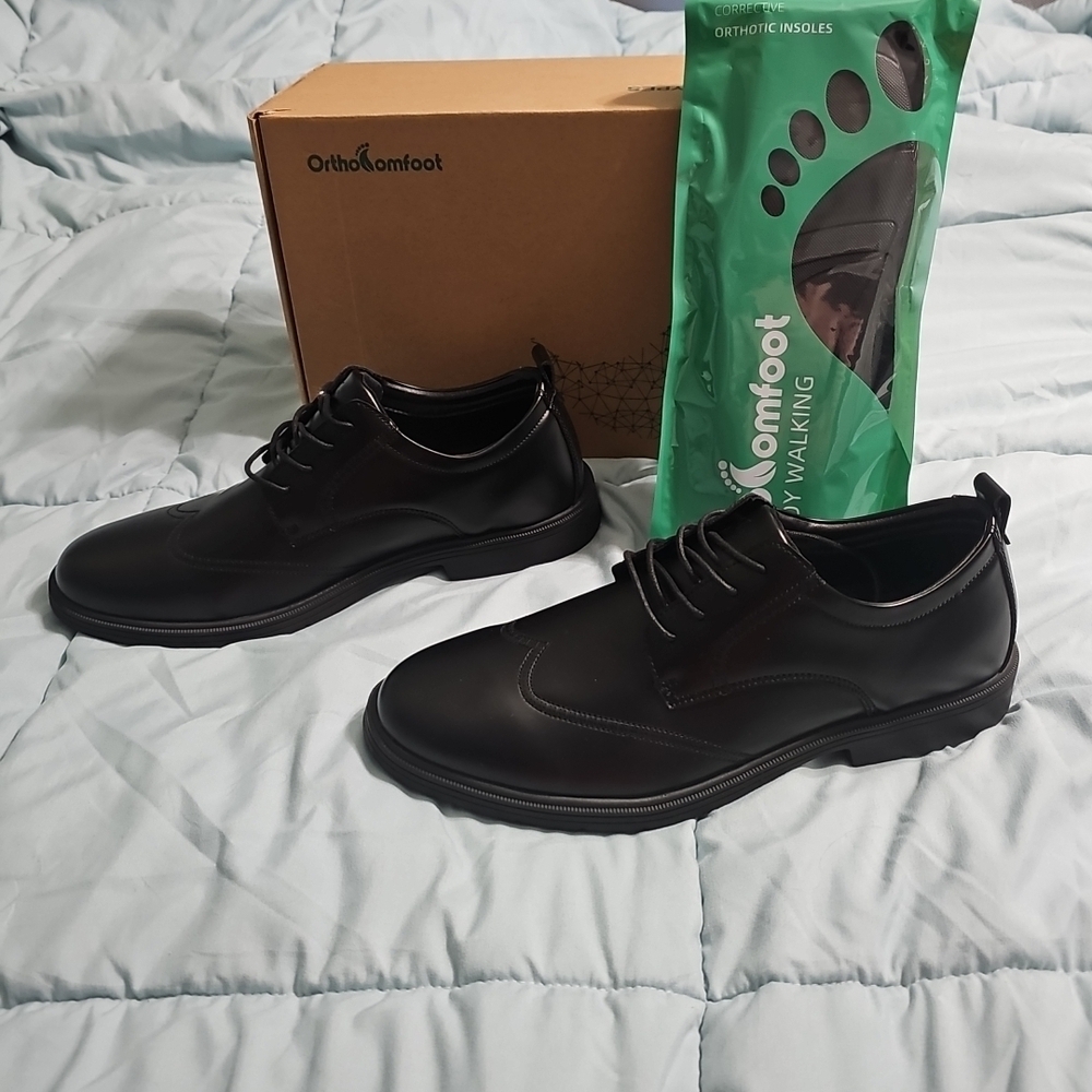 Orthocomfoot Men's Oxford Shoes Wingtip Black Leather Orthopedic Size 11.5‎ NEW